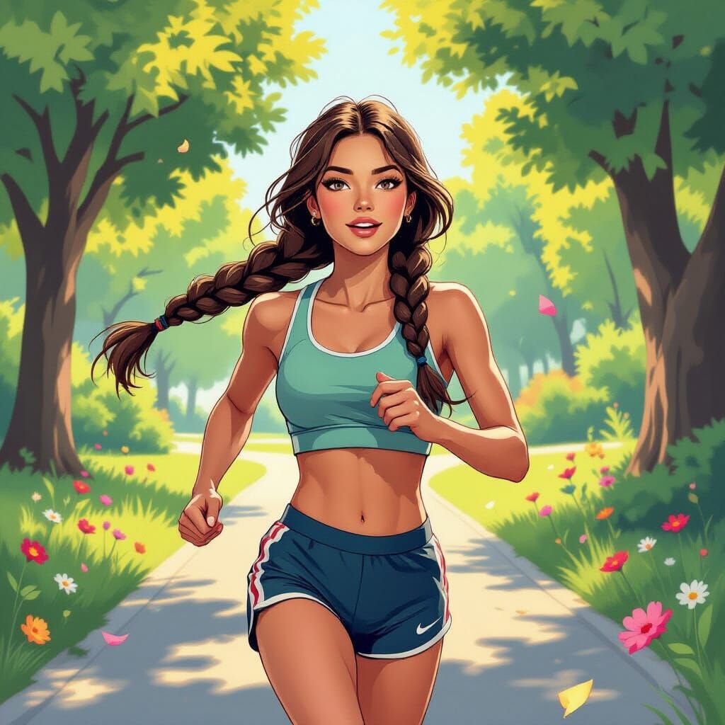 1960s Woman Running in Sun-Drenched Park, Comic Style