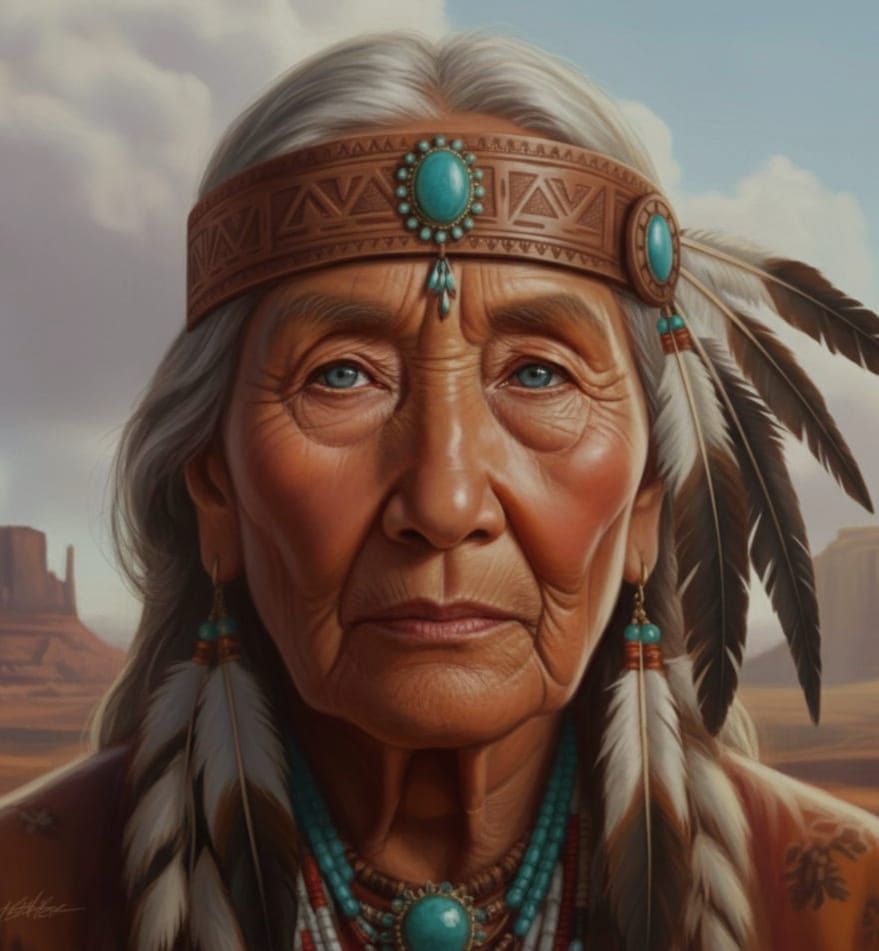 Native American Woman Portrait with Eagle and Raven Feathers