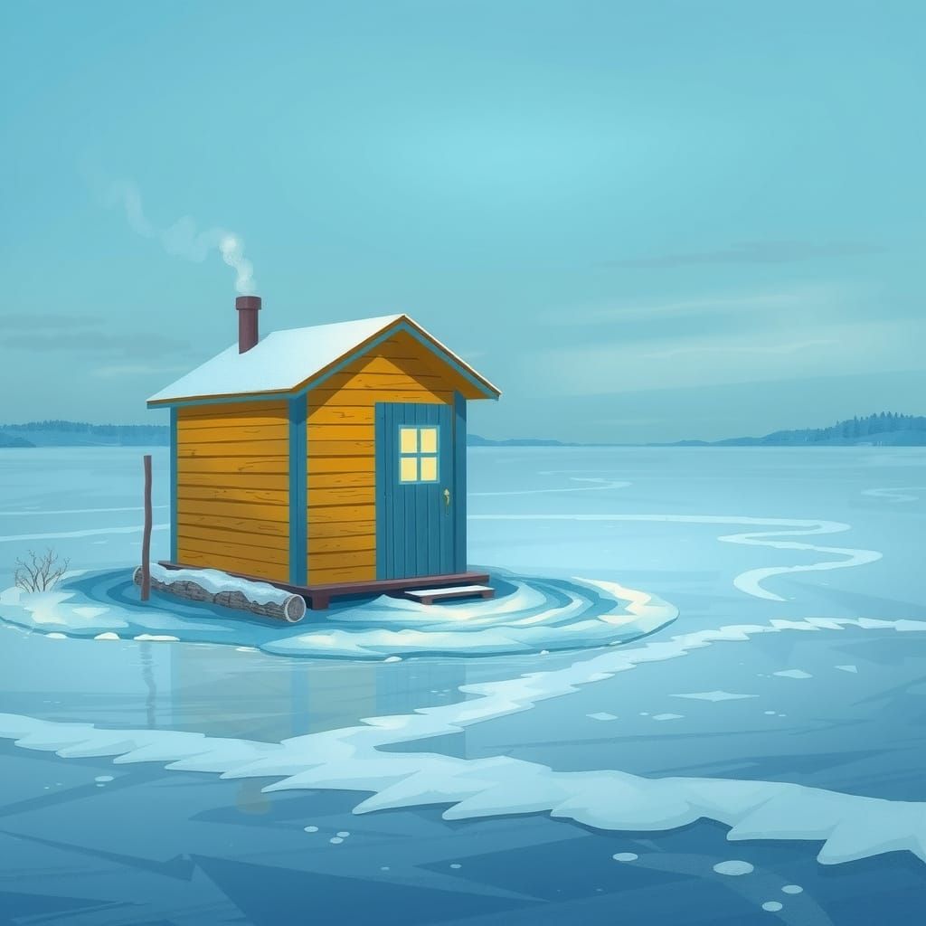 Charming Winter Ice Fishing Hut in Vibrant Blue and Yellow