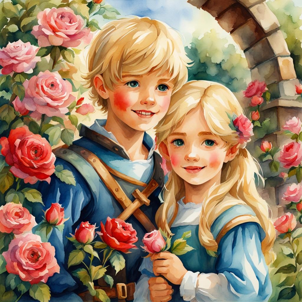 Cheerful Children in Medieval Rose Garden, Watercolor Anime