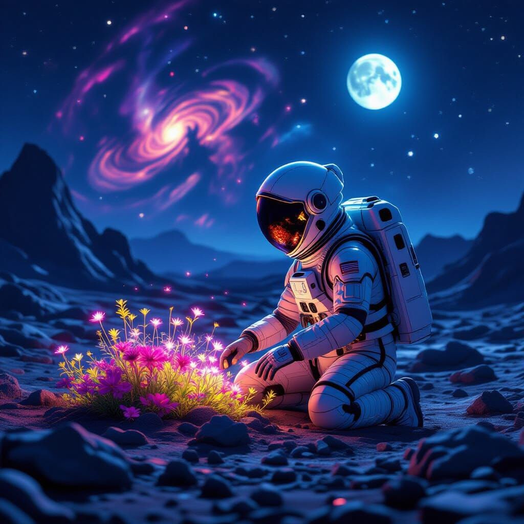 Astronaut Tends Alien Garden Under Twin Moons
