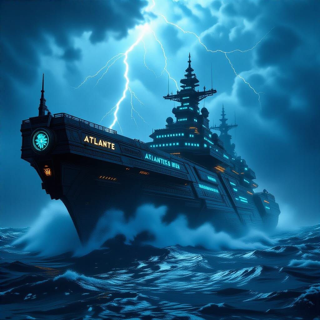 Ancient Atlantean Destroyer Ship in Stormy Seas