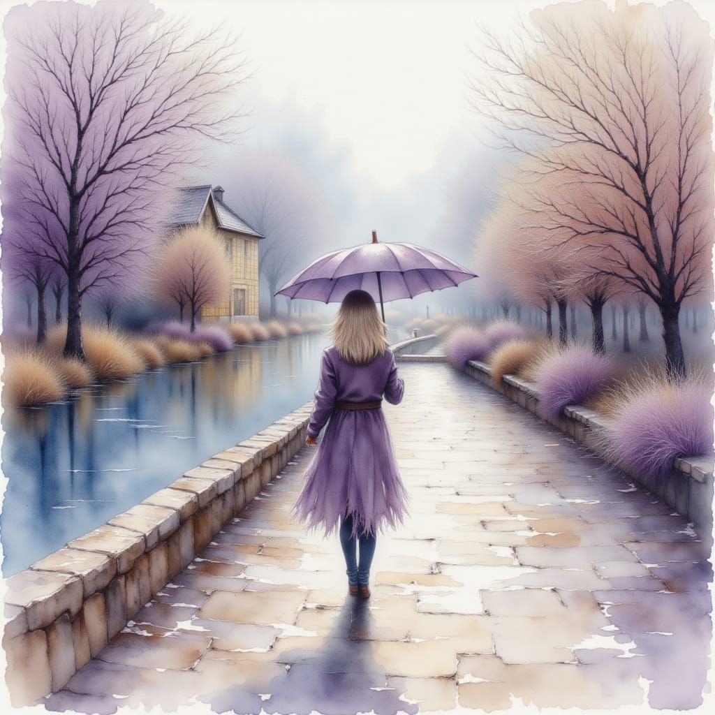 Ethereal Watercolor Woman with Umbrella on Serene River Path