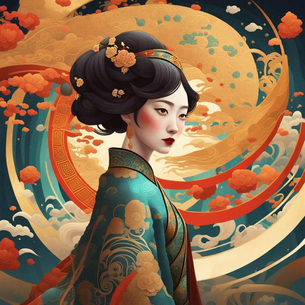 Chinese Woman in Art Deco Storybook Illustration