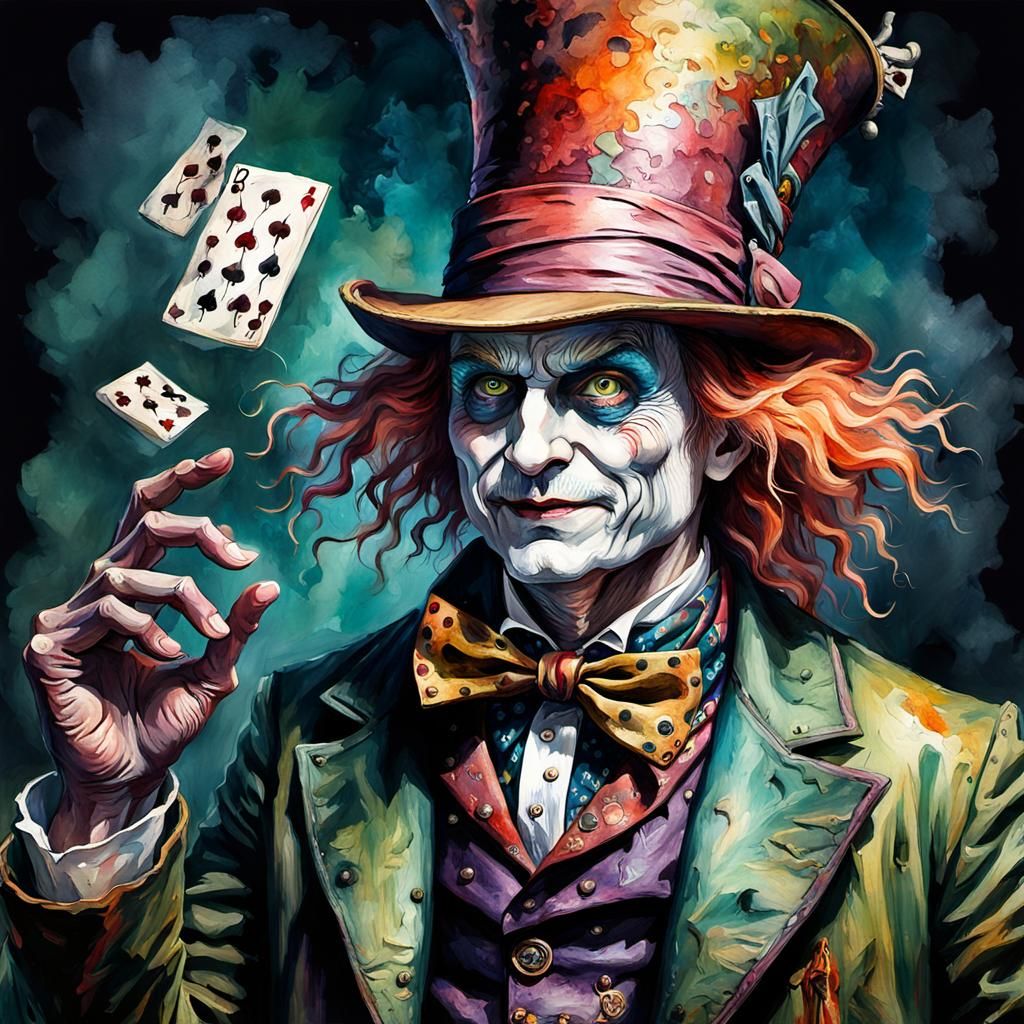 Grotesque Mad Hatter in Watercolor Impasto Style