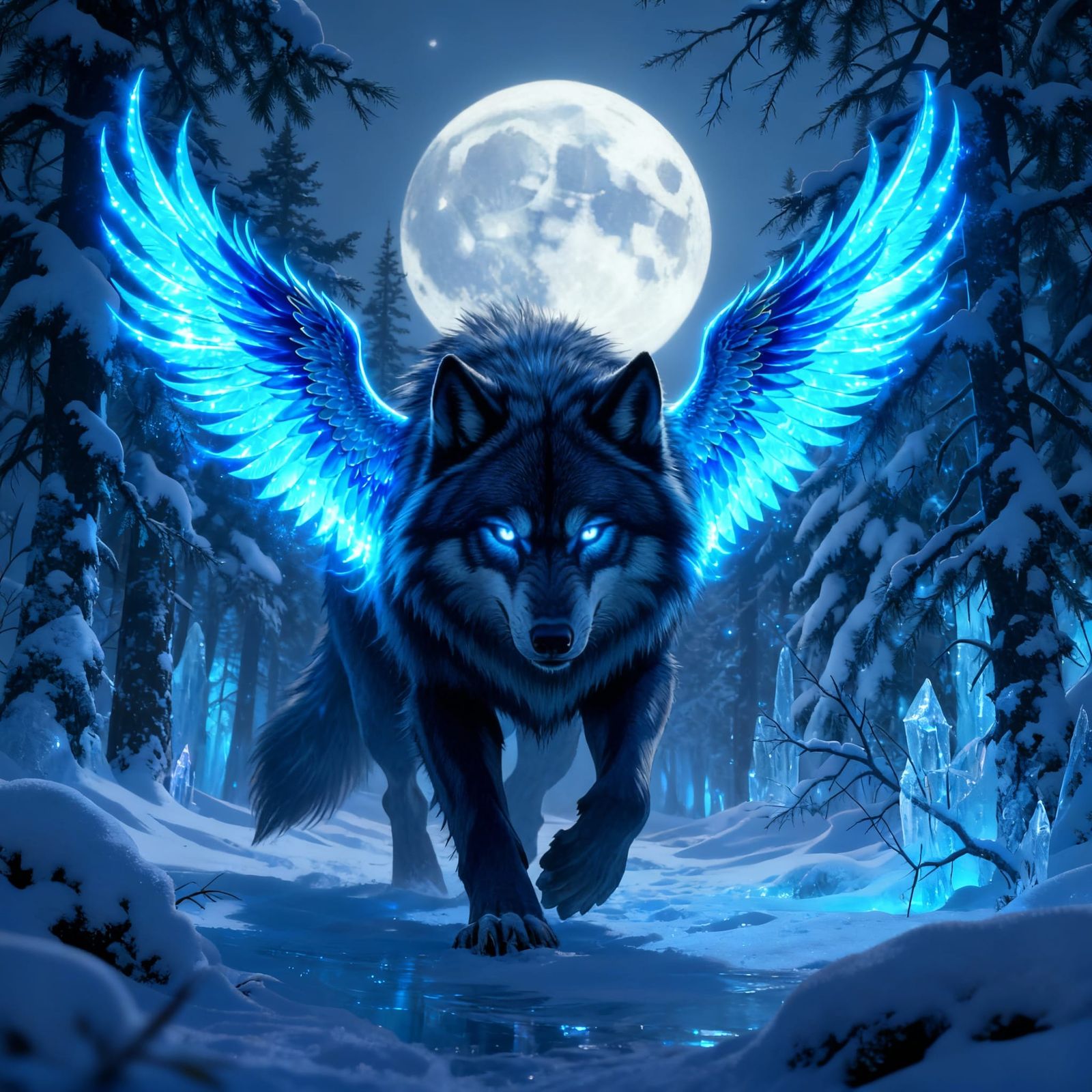 Majestic Direwolf with Blue Phoenix Wings