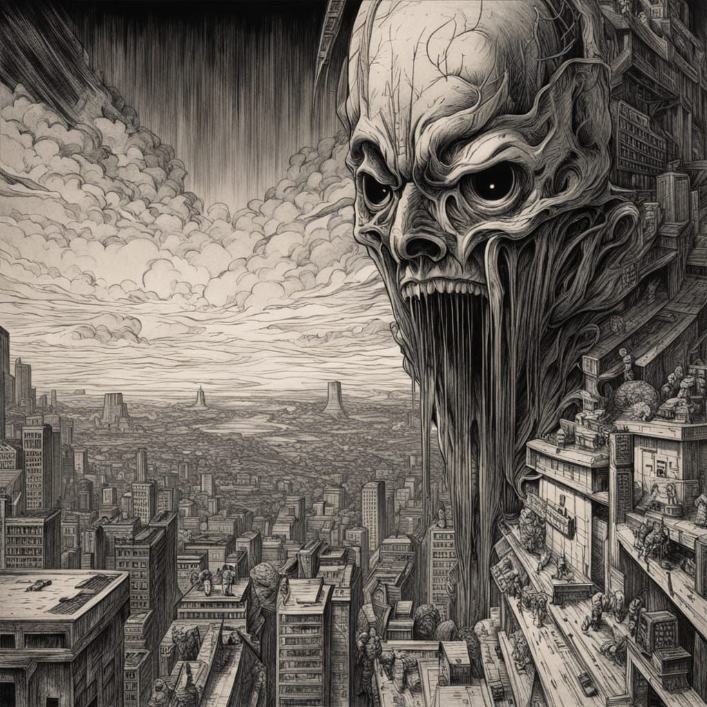 Dark Fantasy Descent: Stormy Cityscape in Ink Wash Style