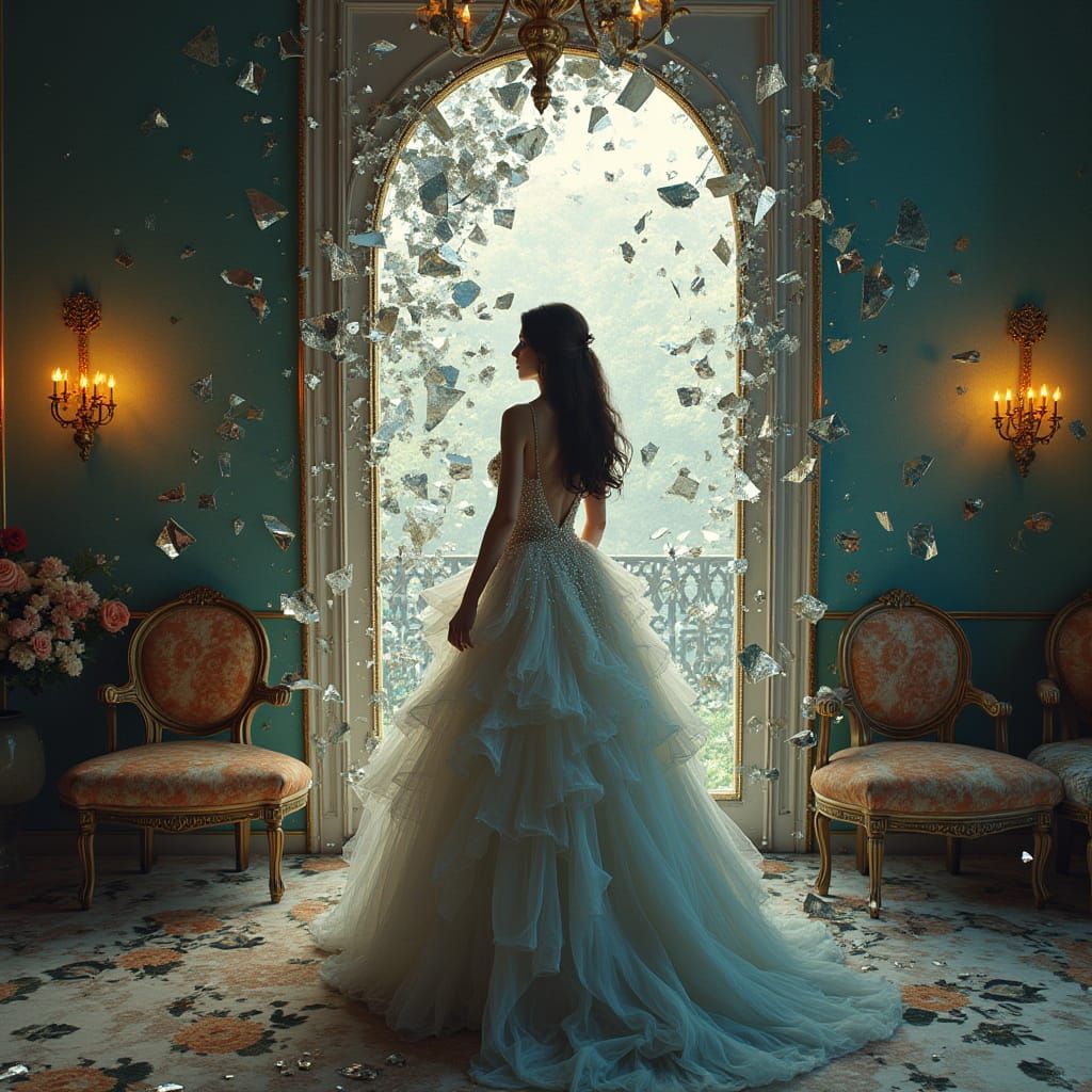 Stunning Couture Model Amidst Shattered Mirror's Kaleidoscop...