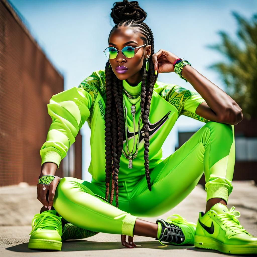 Hyperrealistic Portrait of Model in Lime Green Sweatsuit