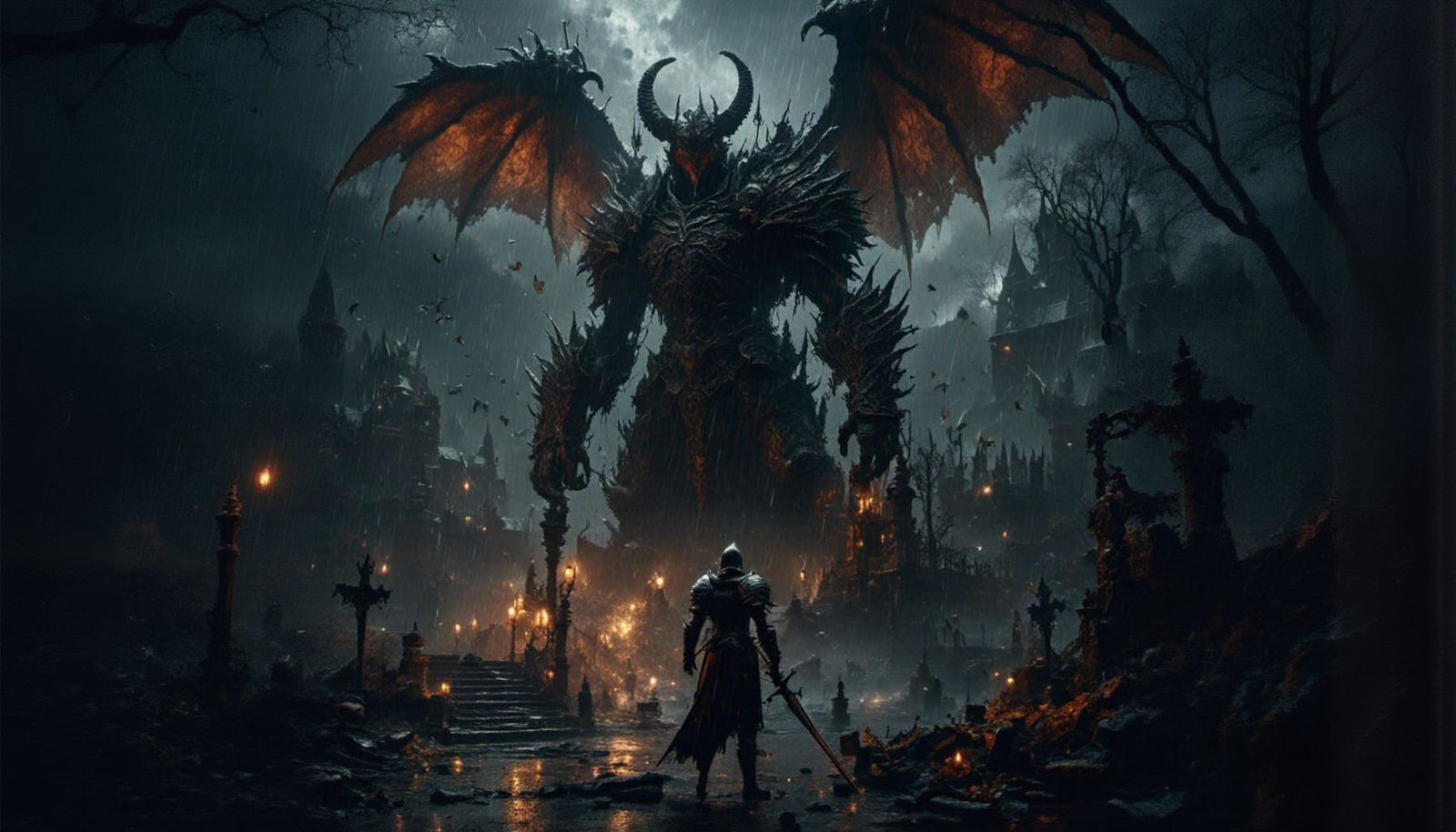 Knight Faces Demon in Rainy Fantasy Art