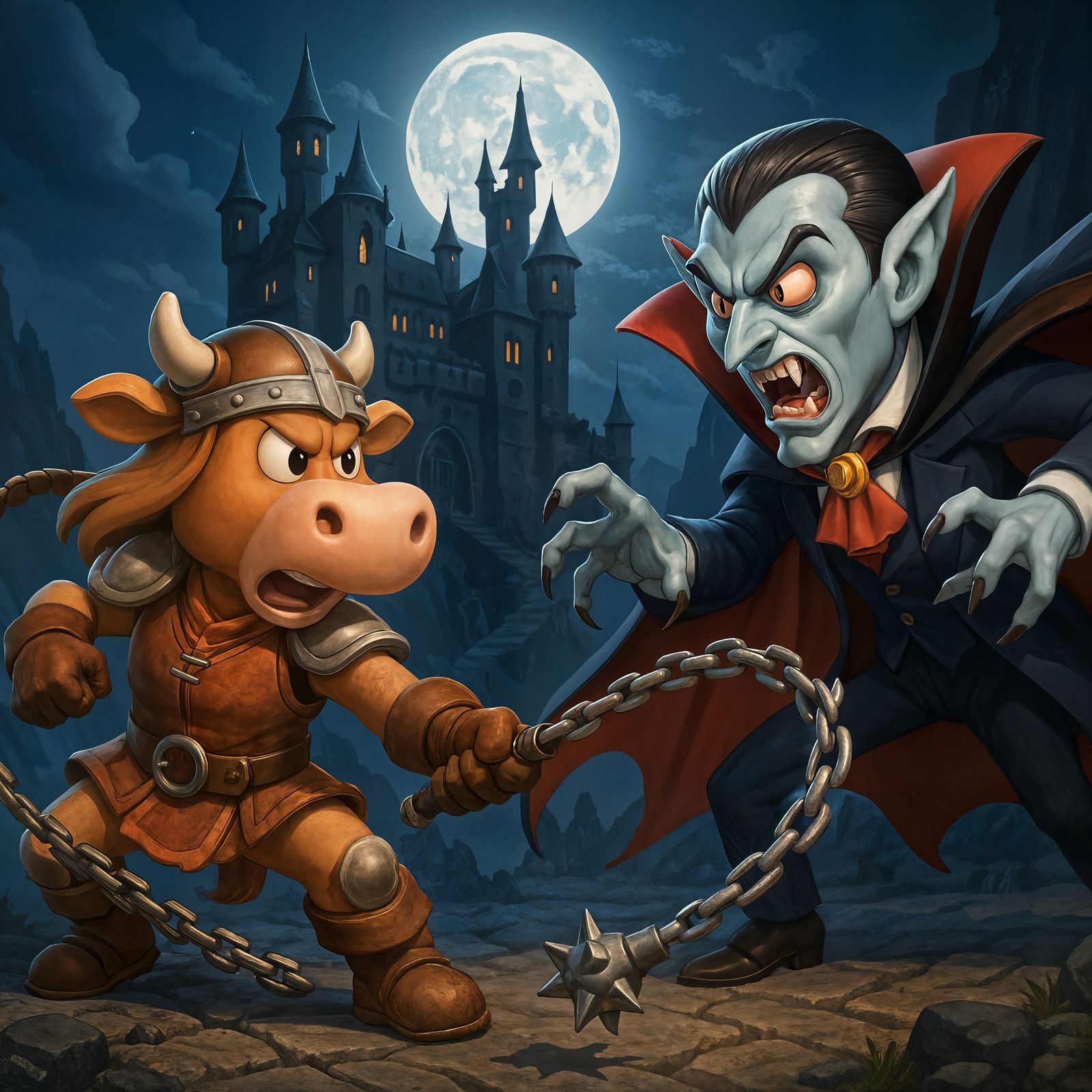 Cartoon Cow Hero Battles Dracula in CGI Style