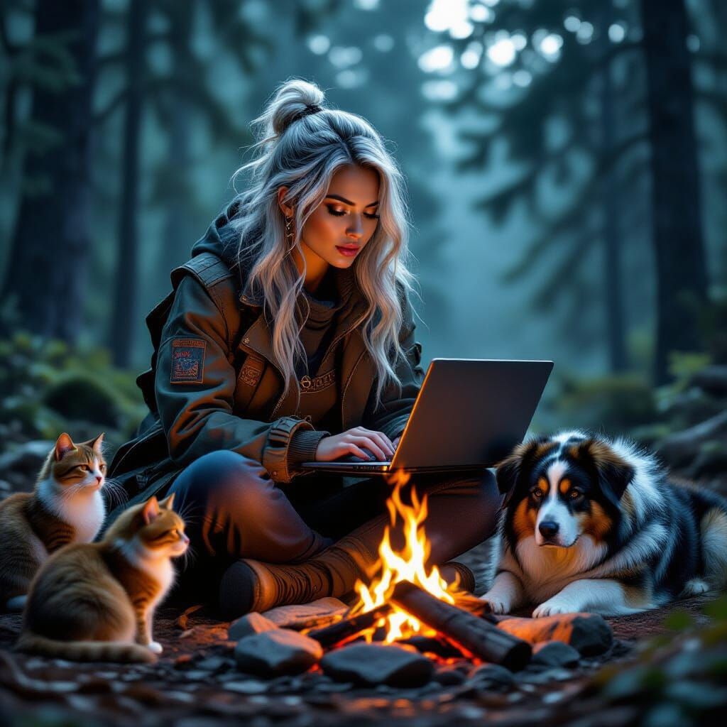 Woman by Campfire with Dog and Cats in Forest Digital Art