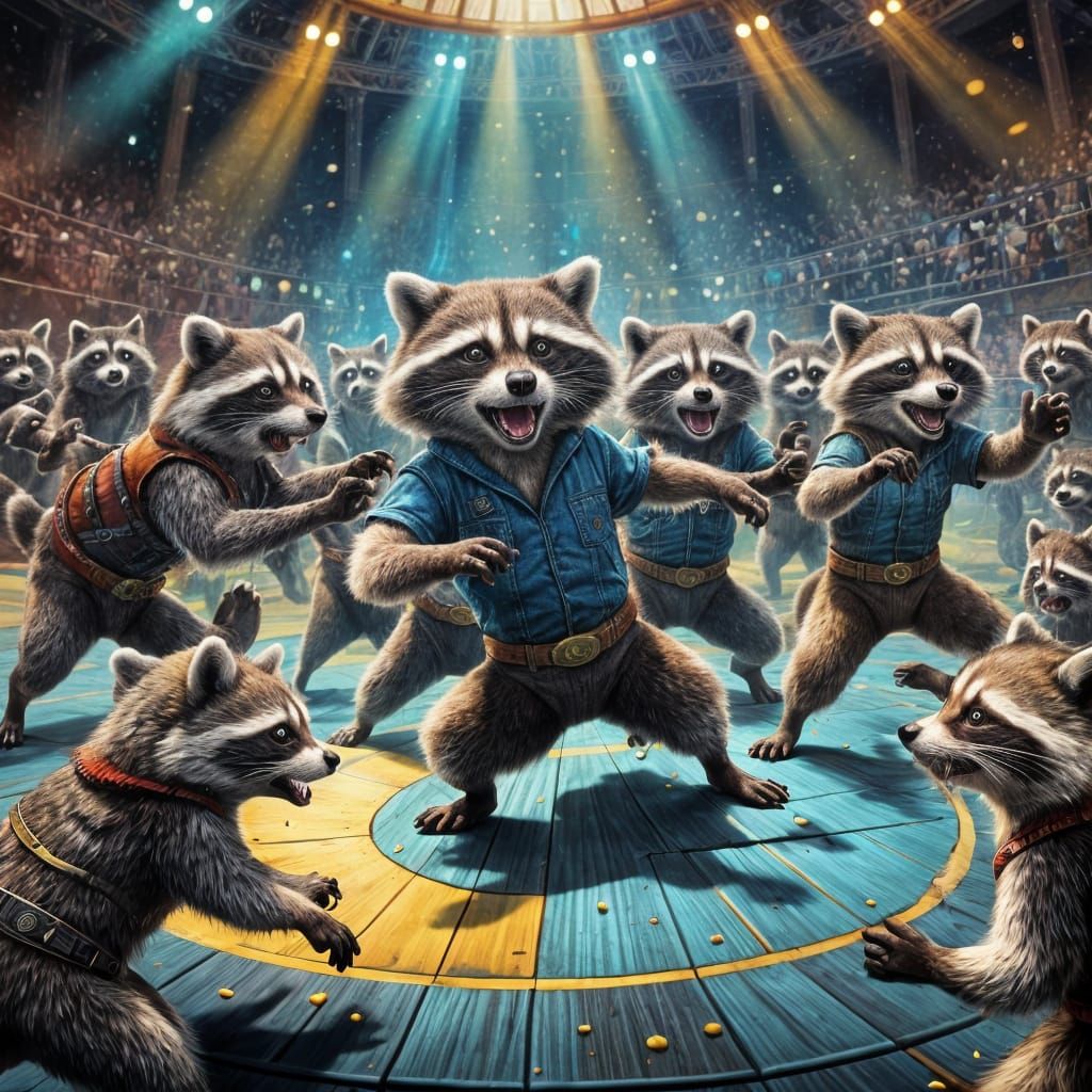 Funny Raccoons Boxing Ring Cartoon Art