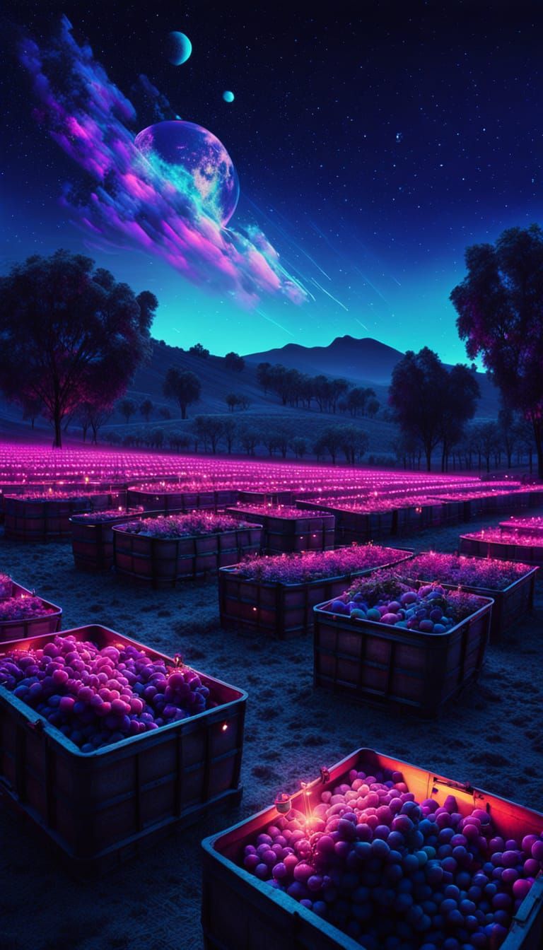 Ethereal Vineyard Under Meteor Shower in Vibrant Neon