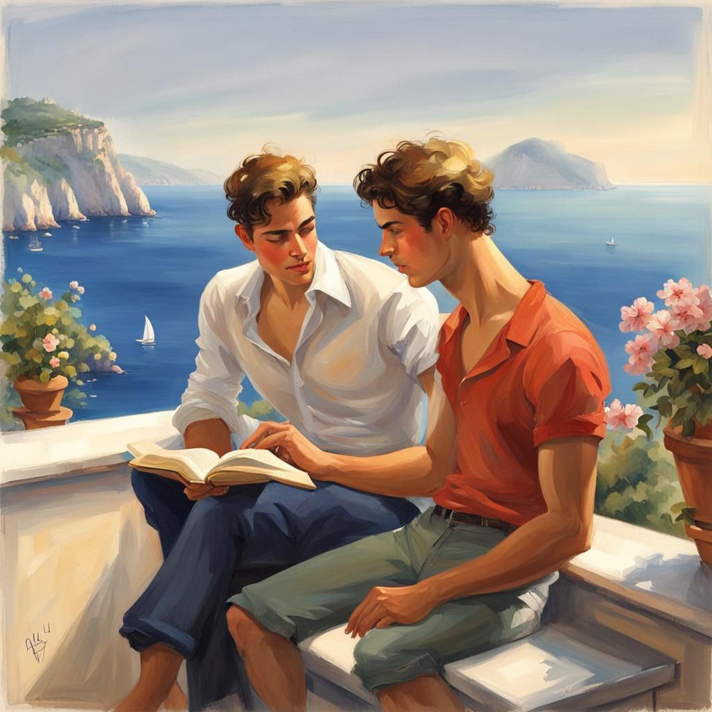 Gay Couple Reading on Italian Terrace