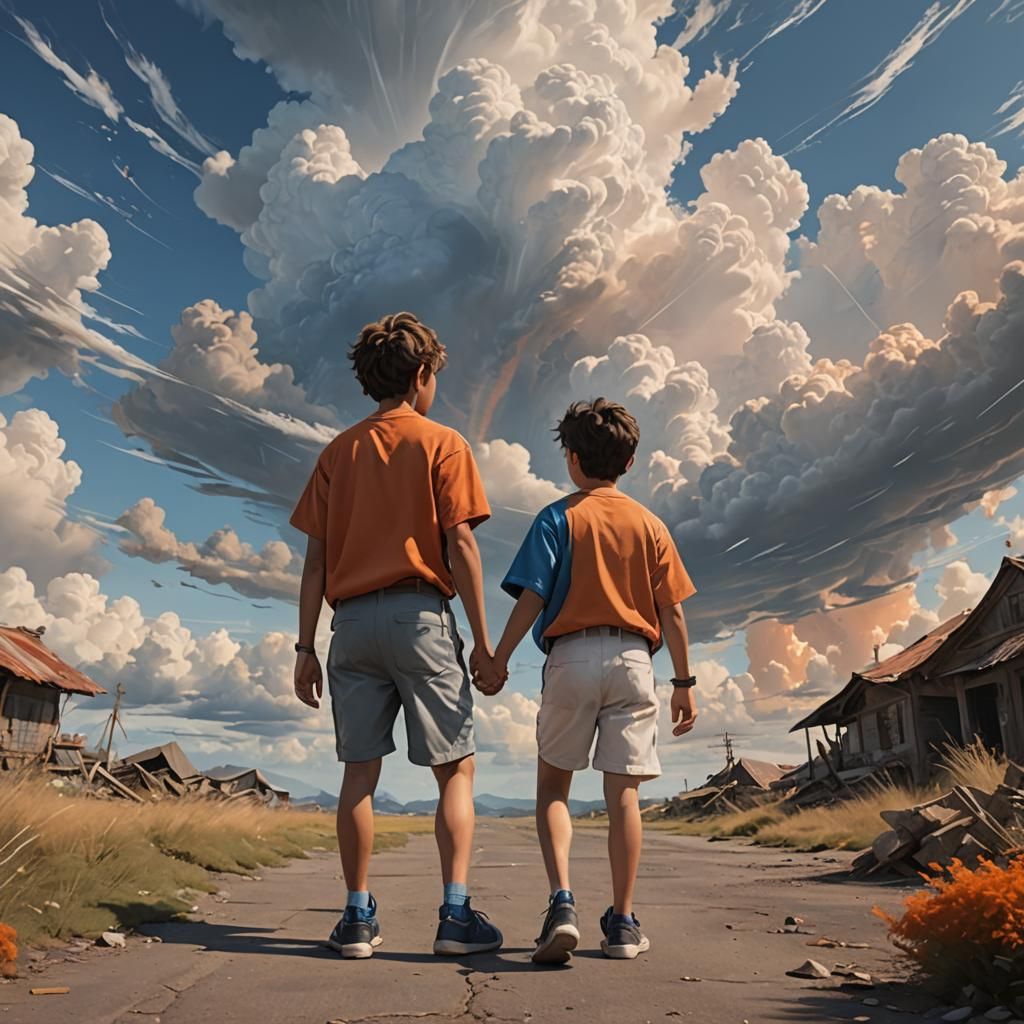 Boys Walking in Fantasy Landscape, Digital Art