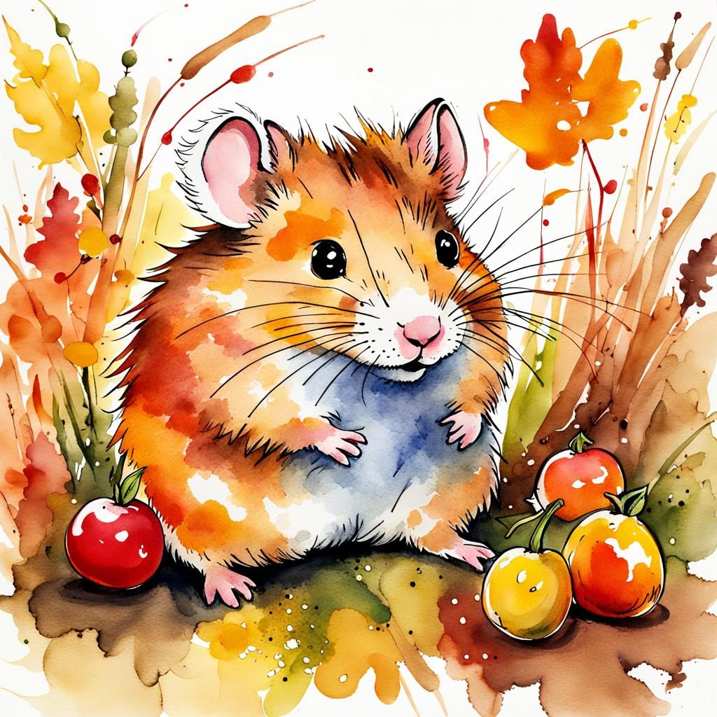 Autumn Hamster in Watercolor Ink Splash Art