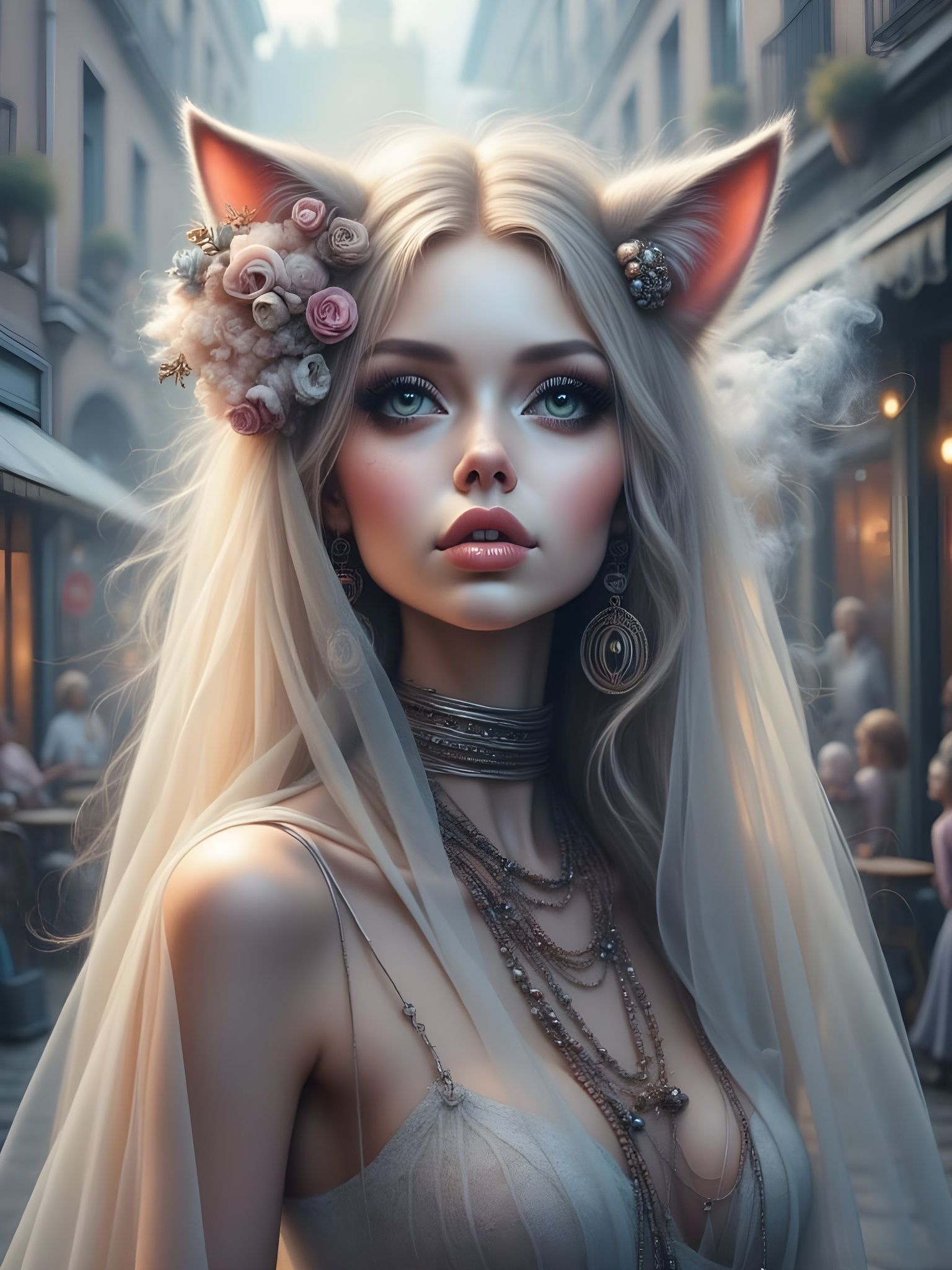 Surreal Cat Ear Veil Portrait in Dreamlike Style