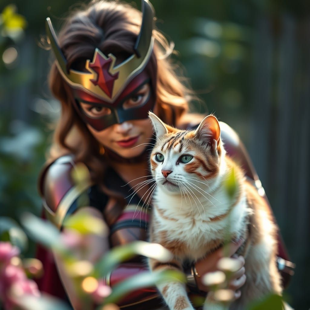 Wonder Woman and Feline Friend in Serene Garden Oasis
