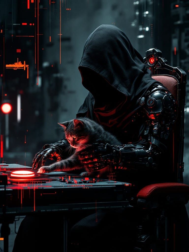 Mysterious Figure with Metal Hand and Pulsing Red Button