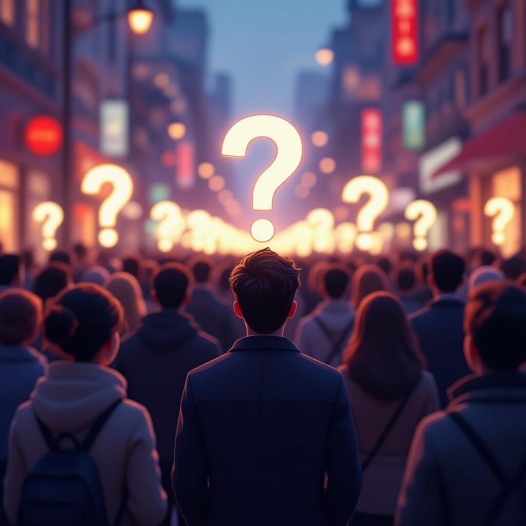 Pixar Style Animation of a Blurry Crowd with Question Marks