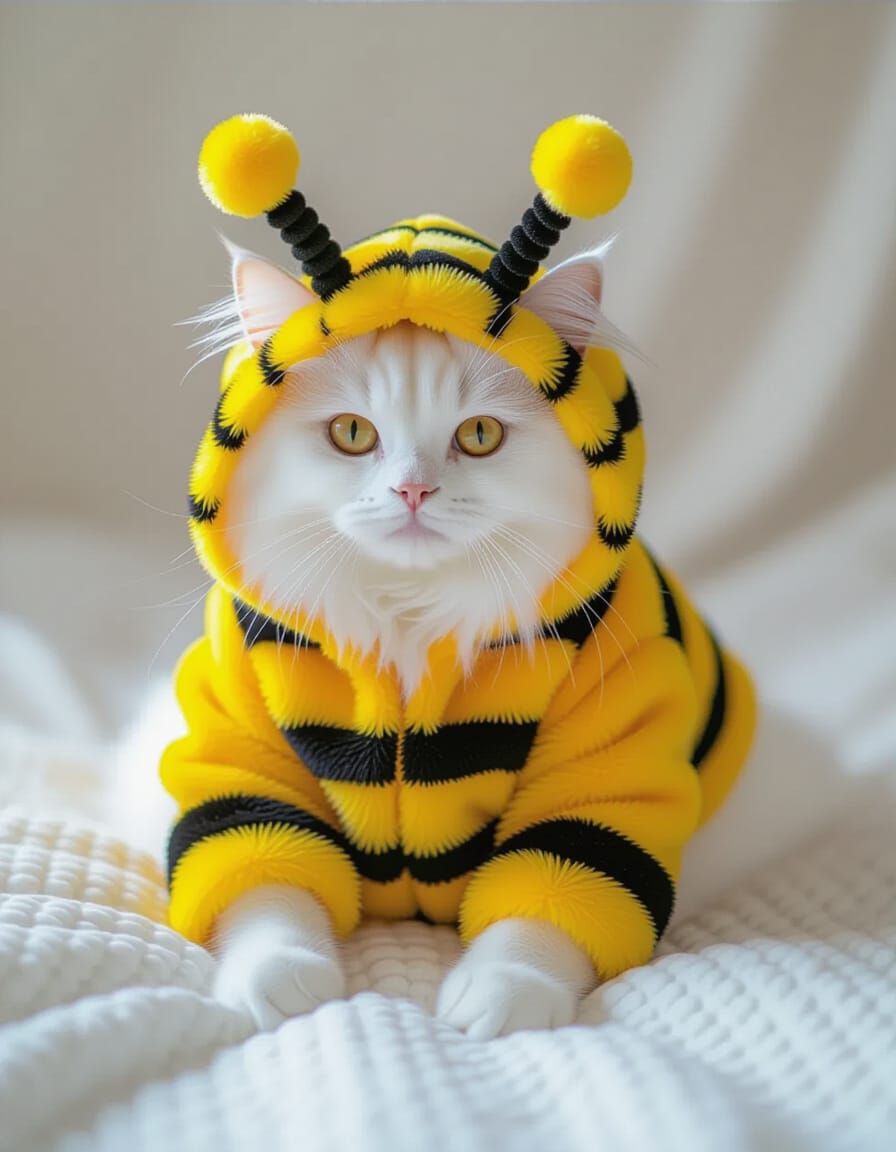 Fluffy Cat in Adorable Bee Costume Sits on Textured Surface