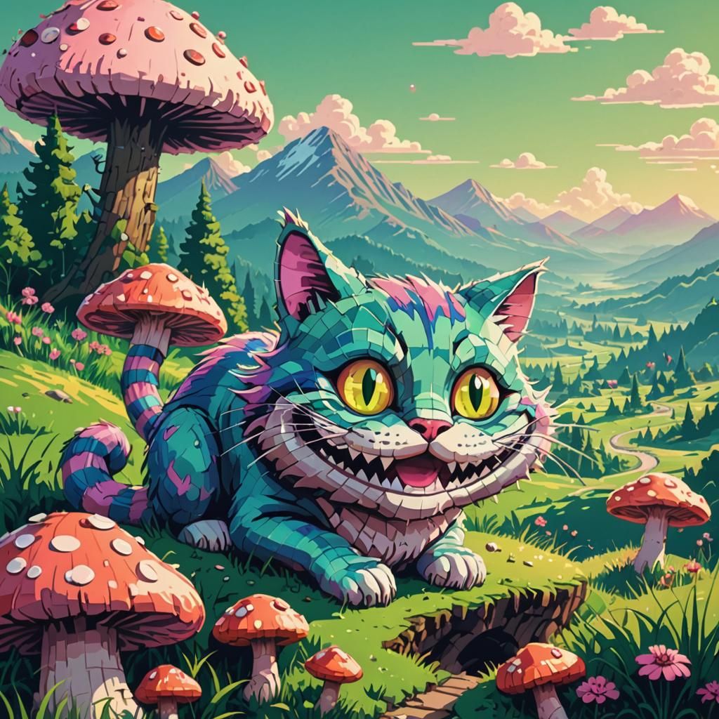 Cheshire Cat in 8-bit Wonderland Landscape