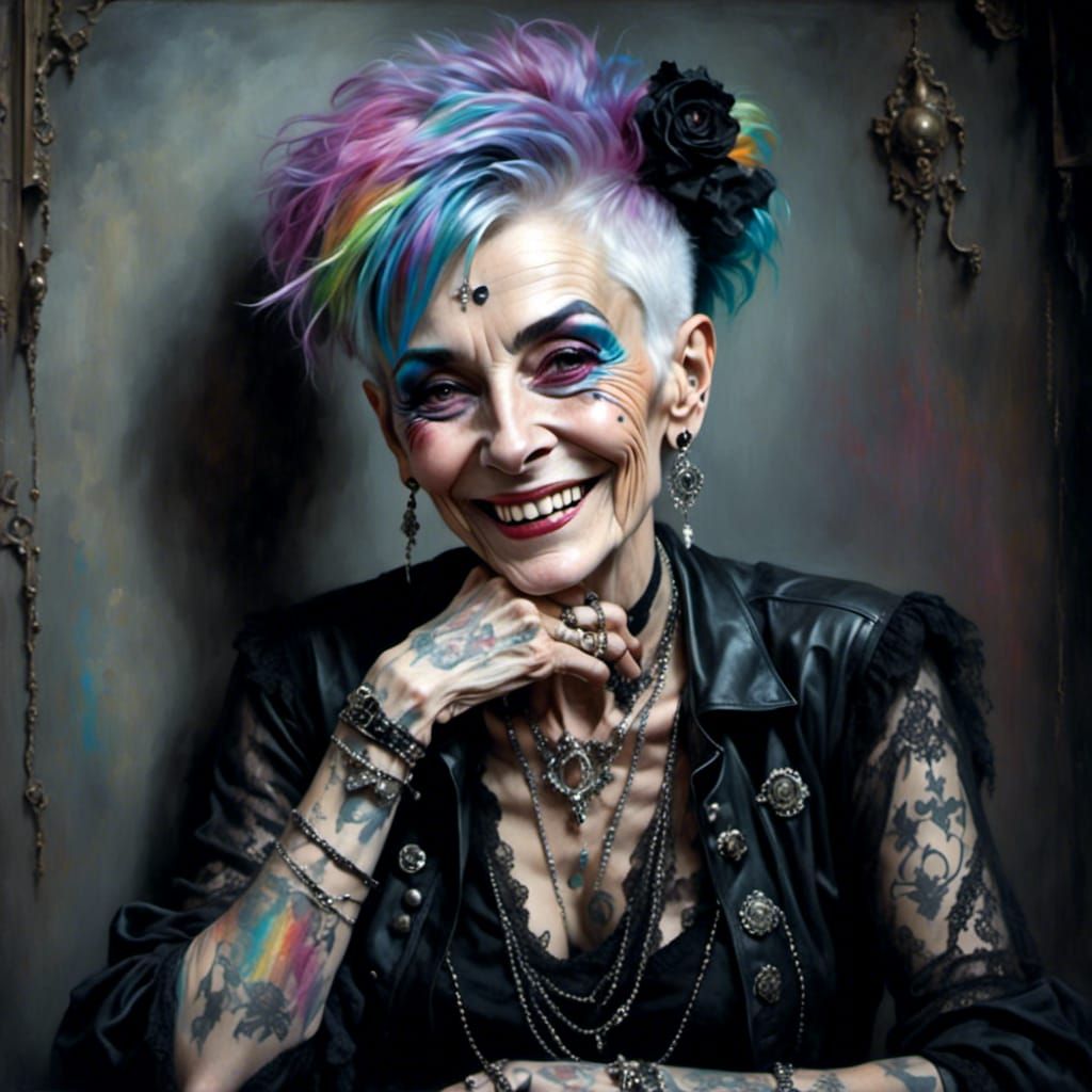 Punk Elderly Woman Portrait with Rainbow Hair