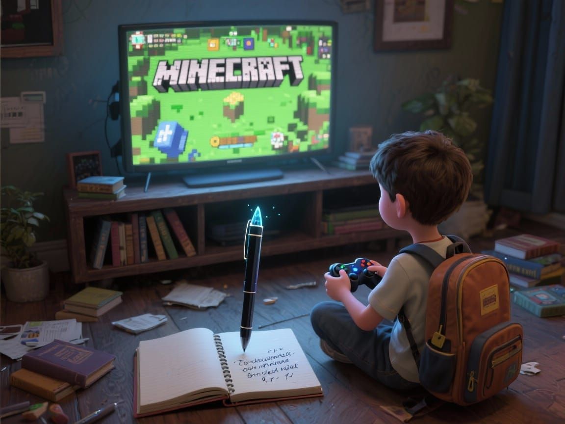 Child Plays Minecraft While Magical Pen Does Homework