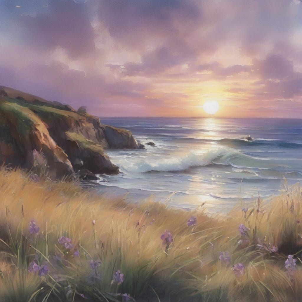 Twilight Ocean Cliff with Wildflowers, Watercolor Style