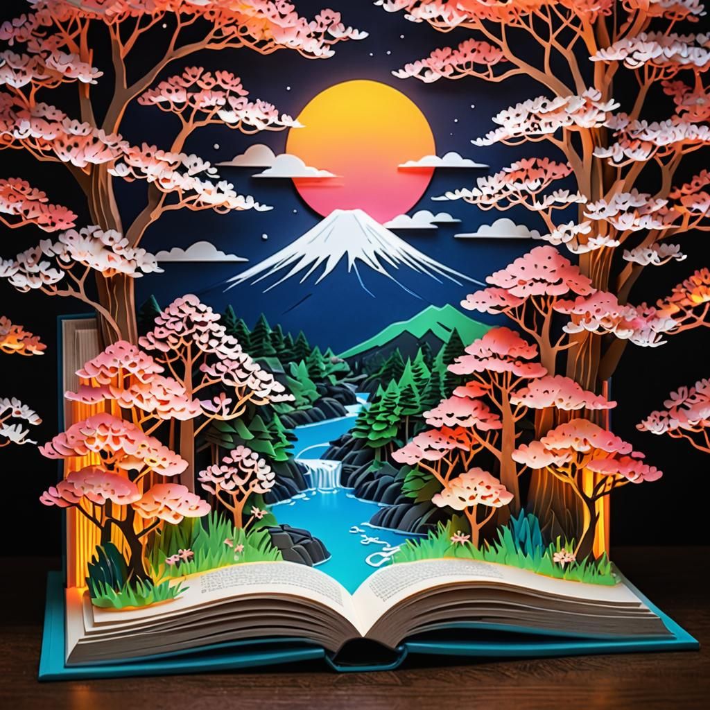 A multi-layered kirigami integrated in an open book, mount F...