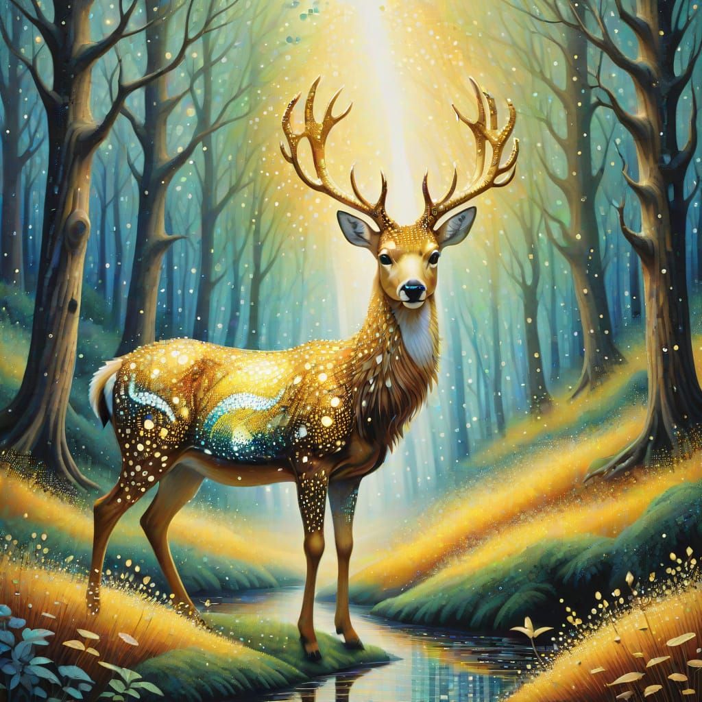 Pointillist Vortex Collapse, spotted golden deer, enchanted fairyland forest, iridescence