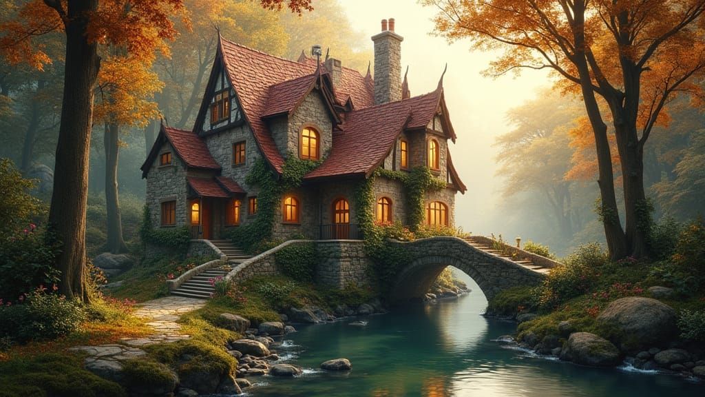 Magical Fairytale Stone House on Bridge in Ethereal Forest