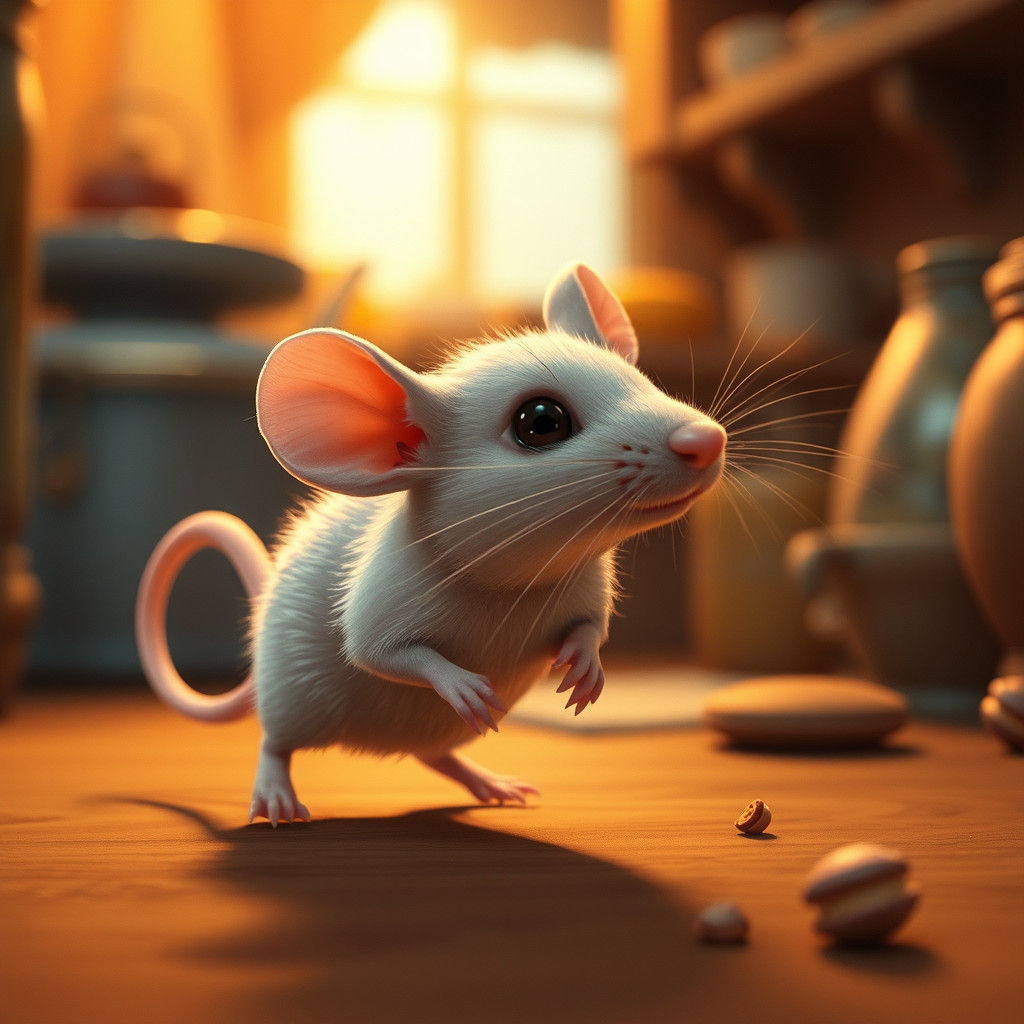 Adorable Mouse in Golden Kitchen, Matte Painting