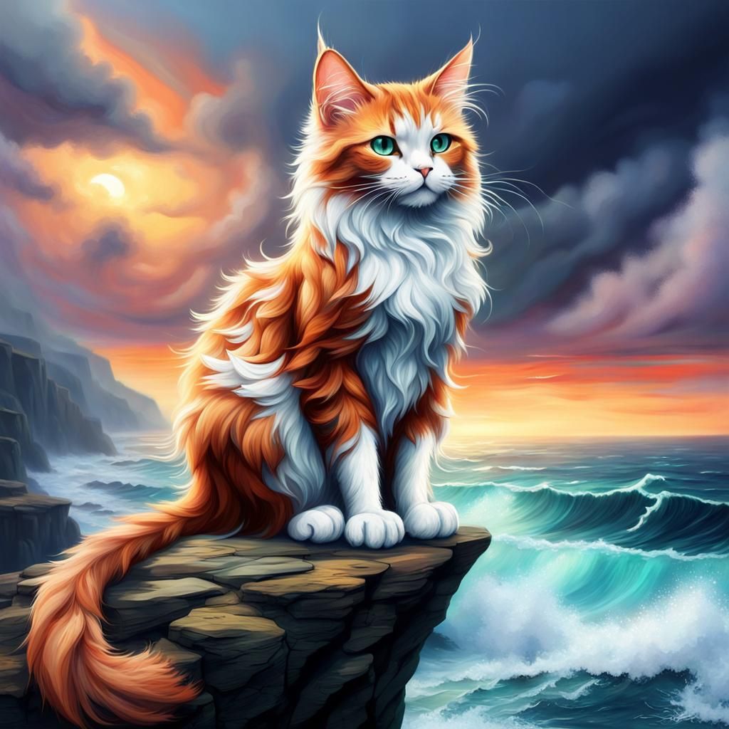 Fantasy Cat Overlooking Raging Ocean Painting