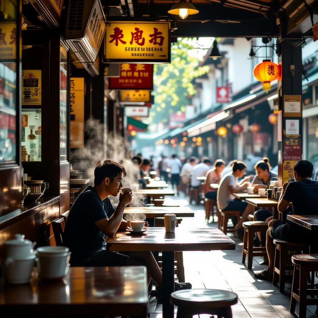 Lone Figure at Bustling Singapore Kopitiam