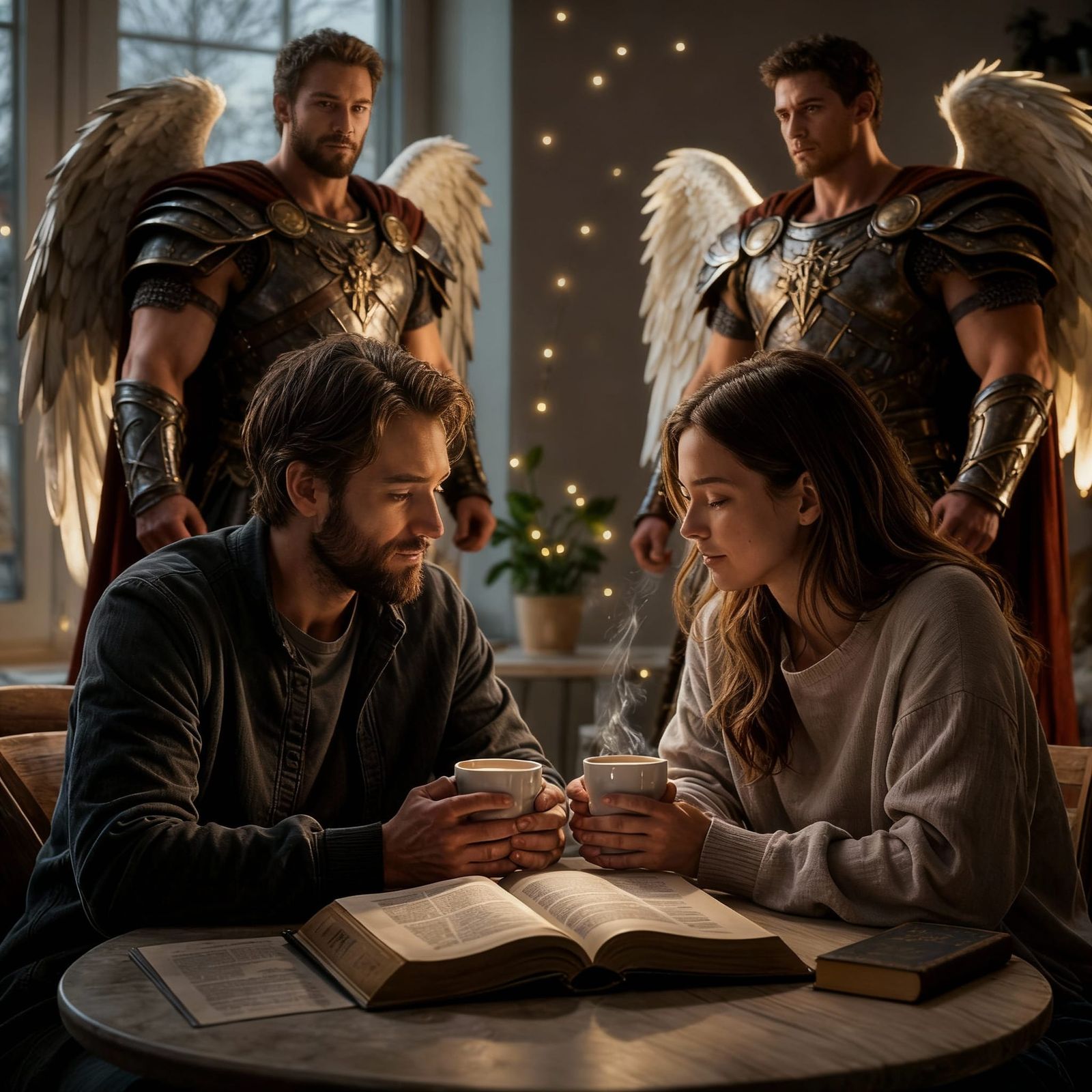 Hopeful Scene: Couple Finds Solace with Angelic Support