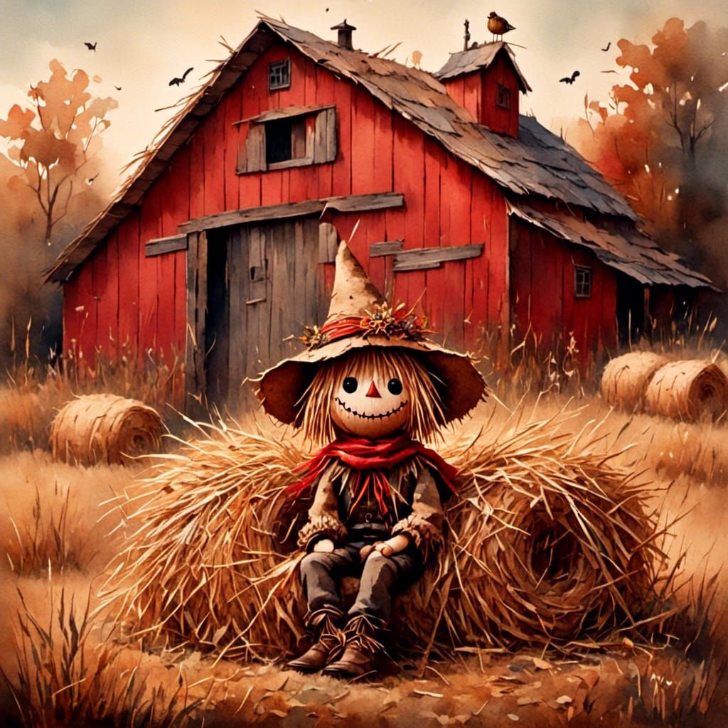 Whimsical Scarecrow Boy in Antique Watercolor Style