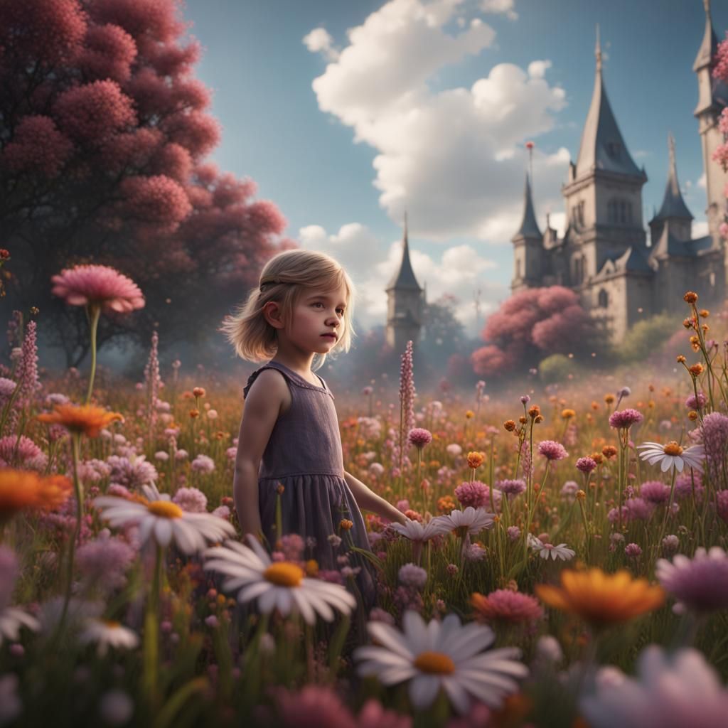 Little Girl in Fantastical Flower Meadow