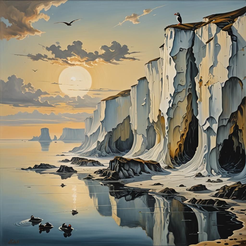 Surreal Cliffs and Puffin in Dali Style