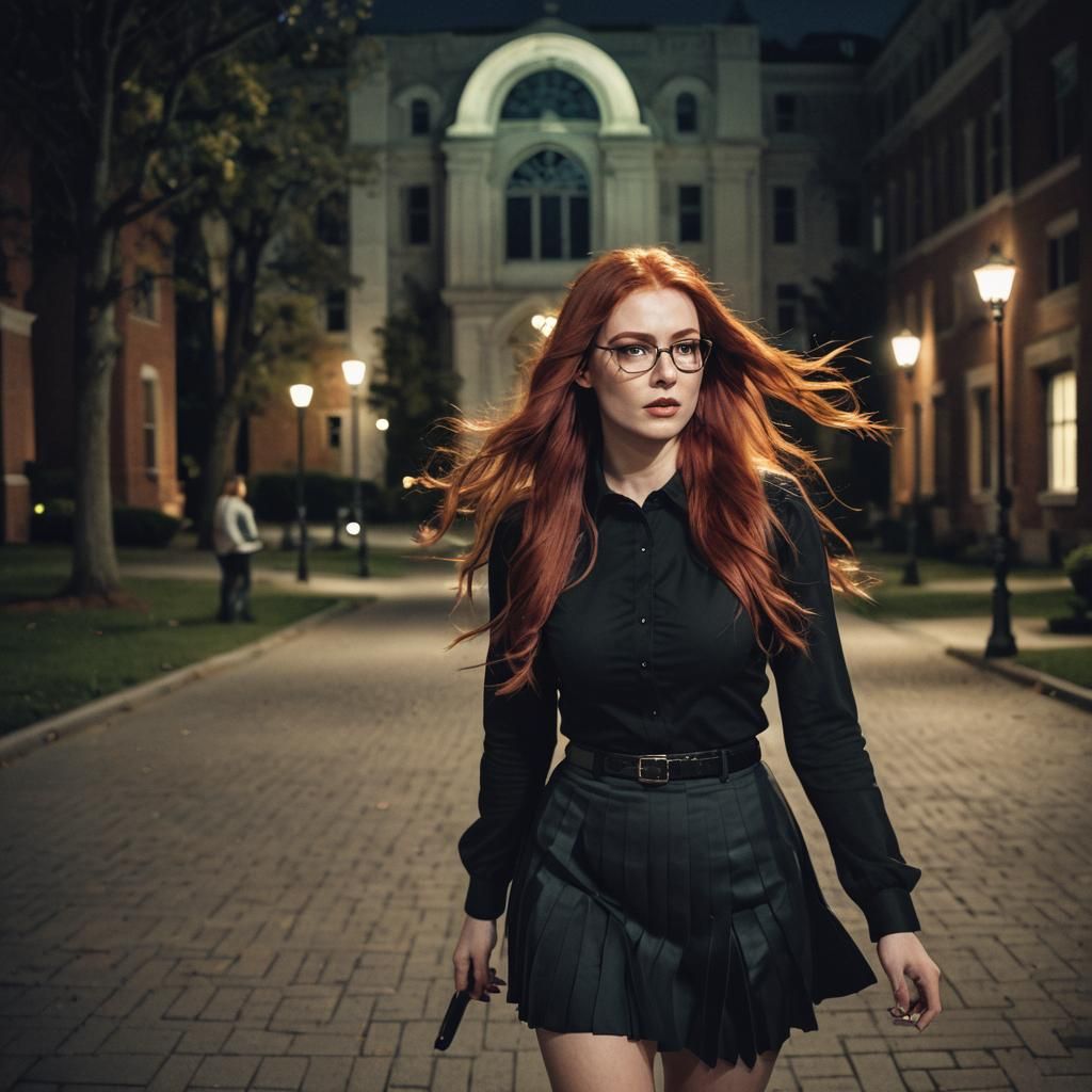 Cinematic Portrait of a Woman on Campus at Night