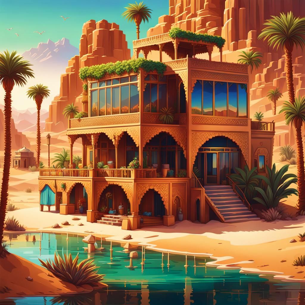 Luxurious Desert Oasis in Pixel Art Style
