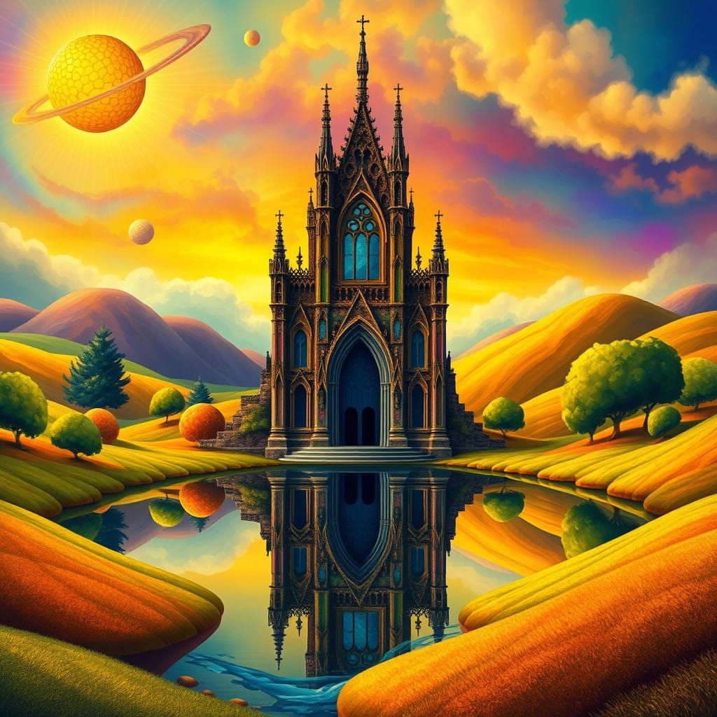 Vibrant Gothic Cathedral in a Dreamlike Mosaic Landscape