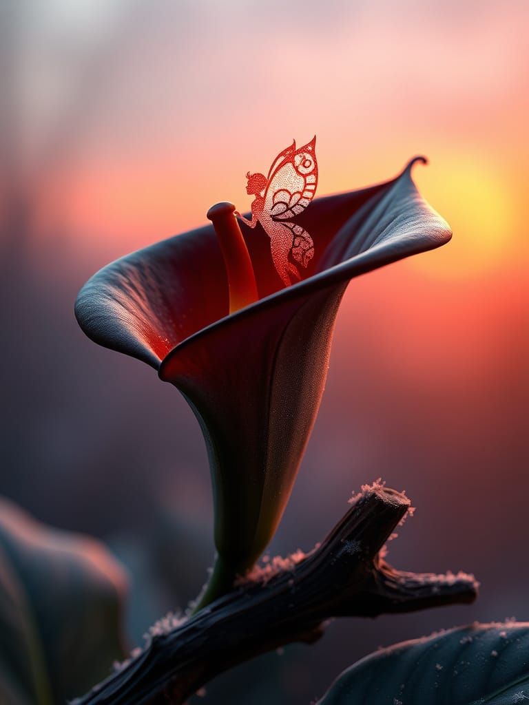 Black Calla Lily With Frost Fairy Silhouette and Holographic...