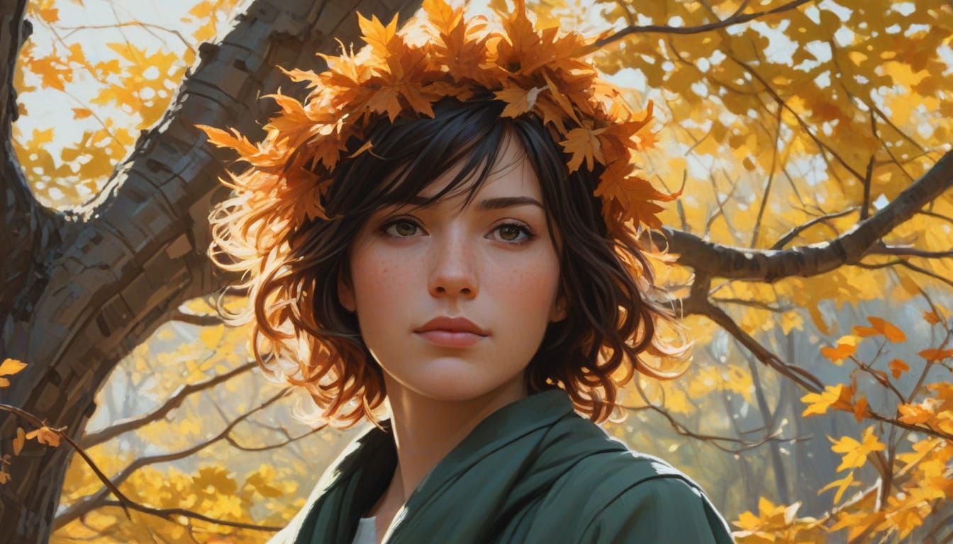 Anime Portrait of Woman with Autumnal Floral Crown