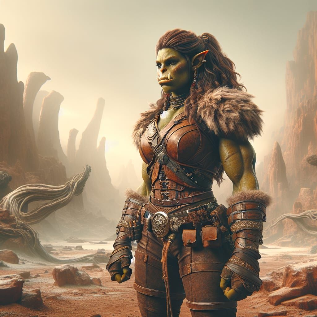 Muscular Orc Woman on Alien Planet as Oil Painting