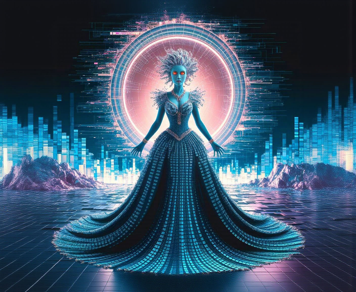 Digital Sorceress in Binary Gown Before Portal
