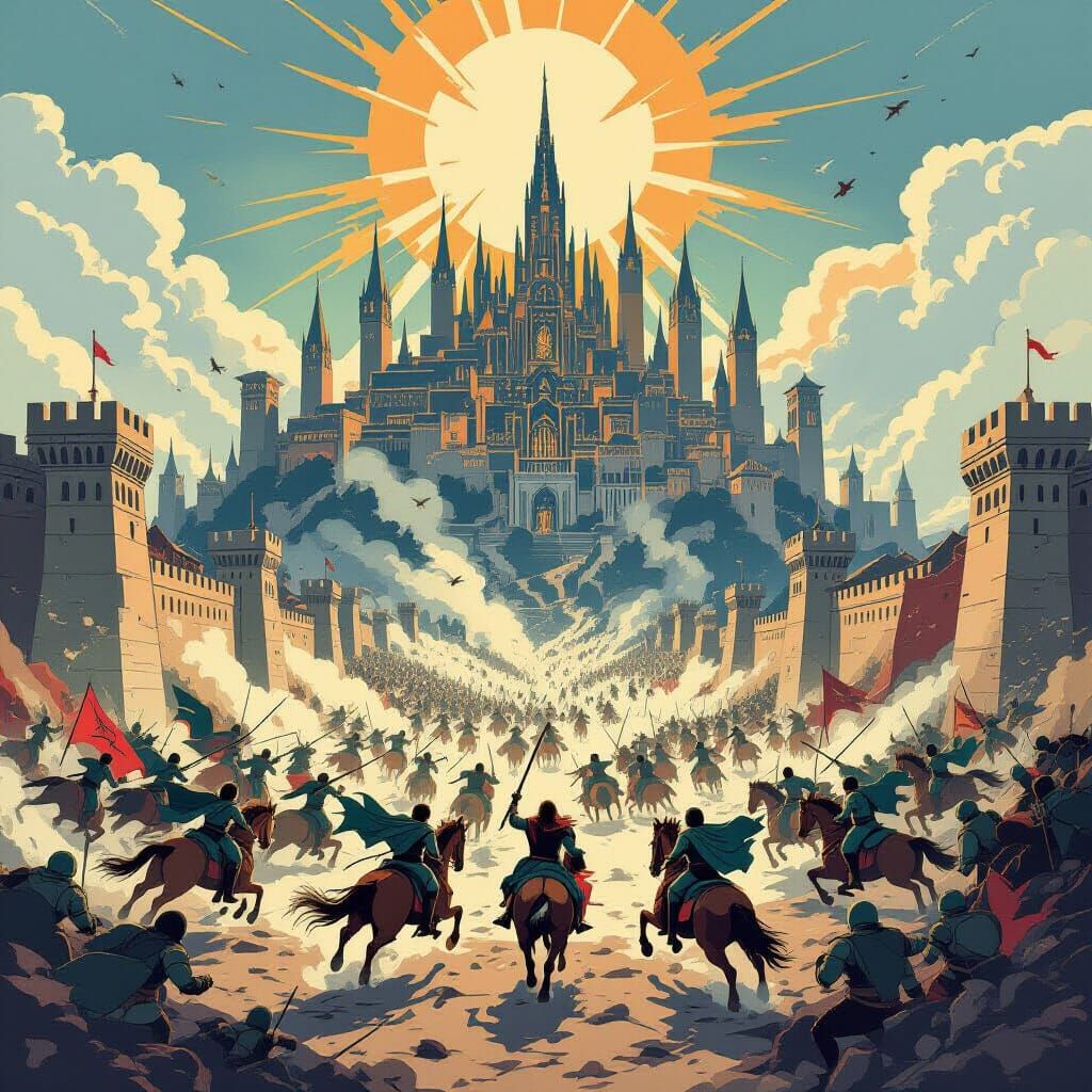 Ukiyo-e Style Battle Scene: Rohan vs Orcs at Minas Tirith