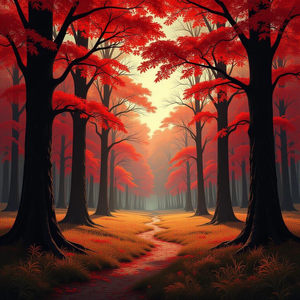 Vibrant Maple Trees Surround Glade in Hyper-Realistic Style