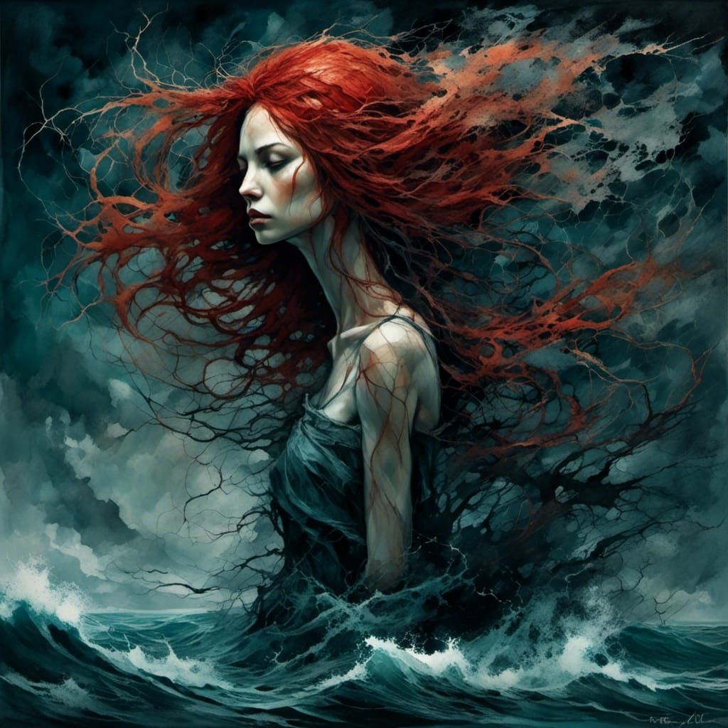 Siren in a Stormy Sea: Detailed Realistic Image